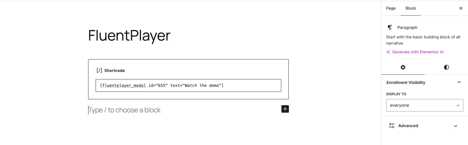 A Shortcode block containing the fluentplayer_modal shortcode