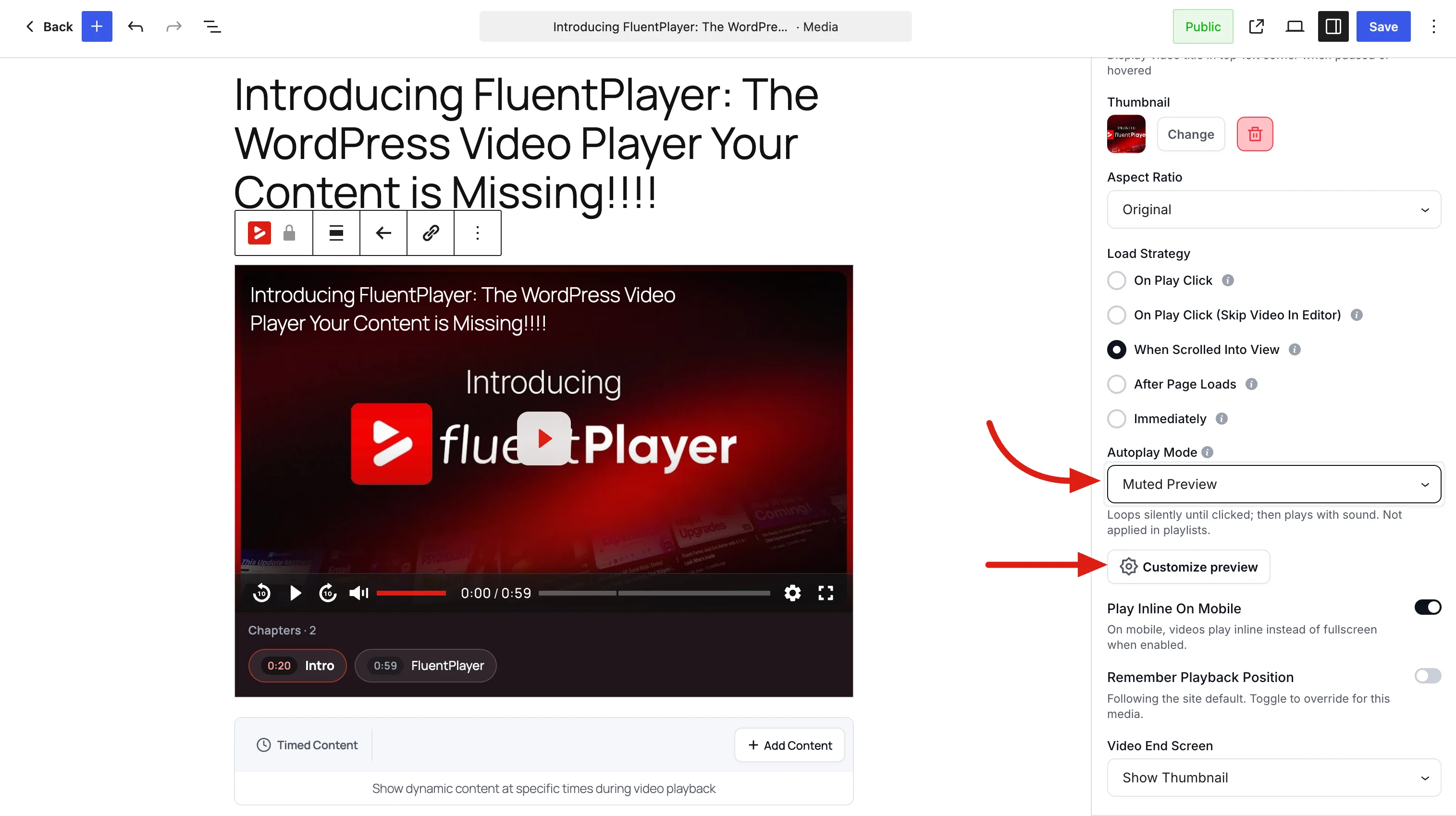 Autoplay Mode set to Muted Preview, with the Customize preview button below it