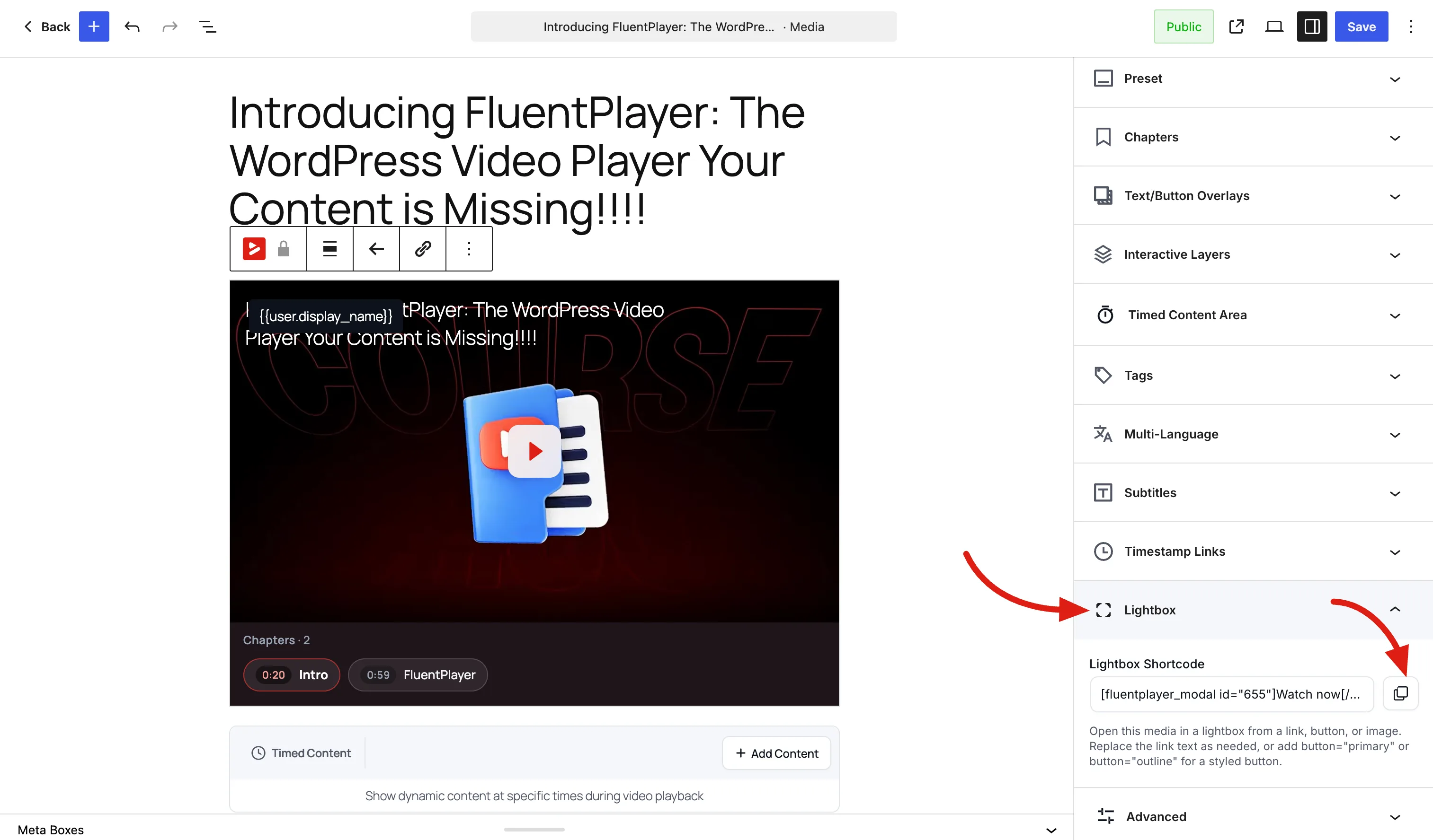 The Lightbox panel in the Player Editor sidebar, showing the shortcode field and its copy button