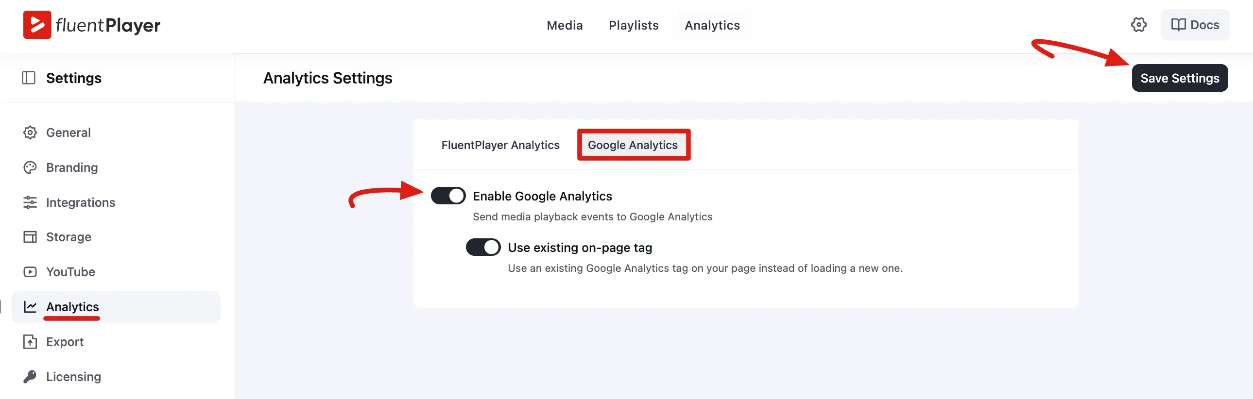 Enable Google Analytics with existing on-page tag option