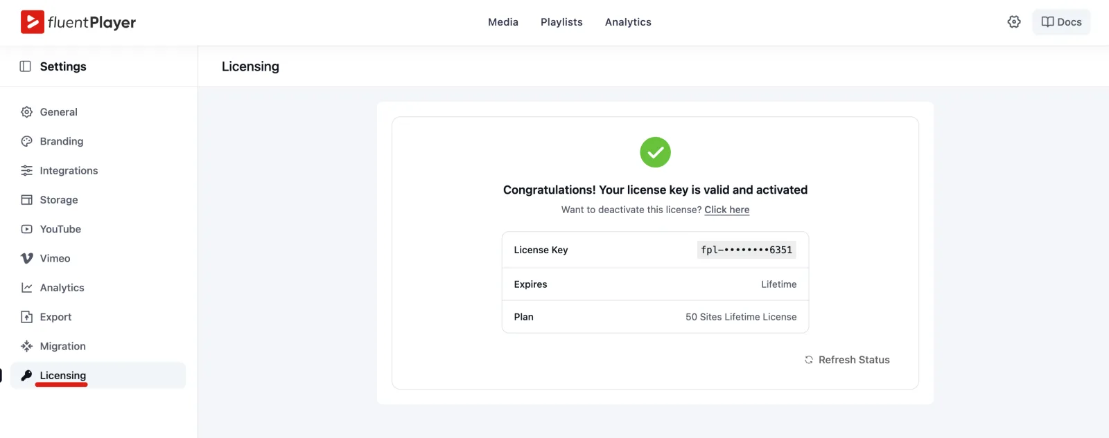 The Licensing screen with an active license