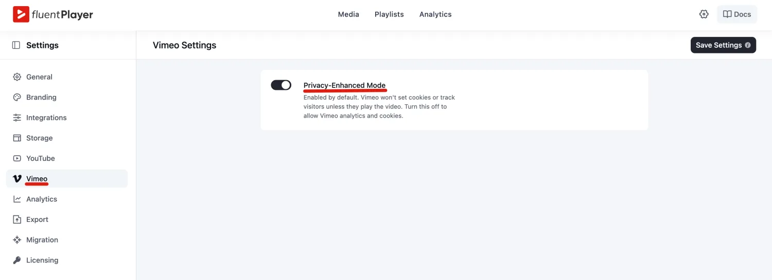 Privacy-Enhanced Mode on the Vimeo Settings page