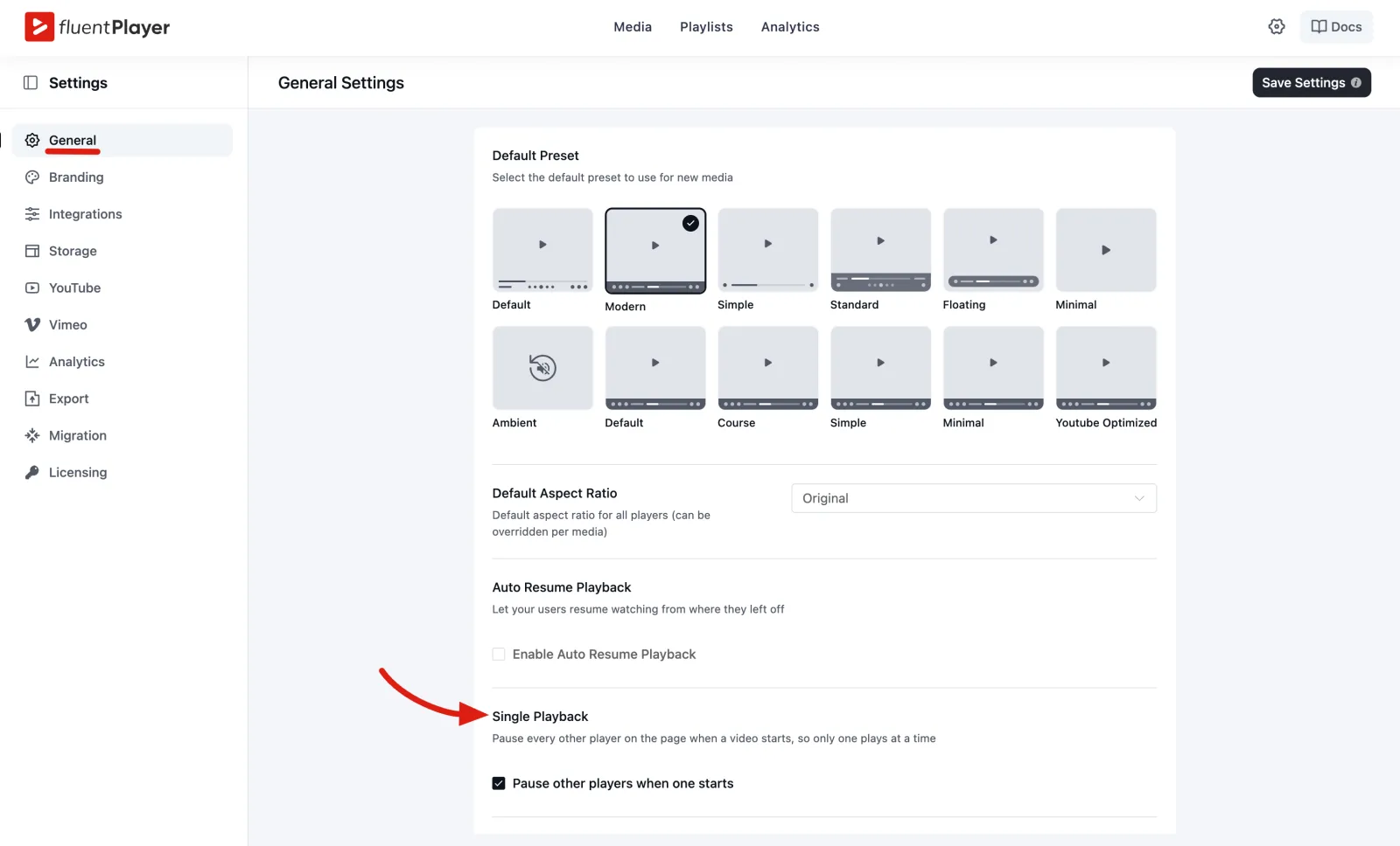 The Single Playback setting in General Settings
