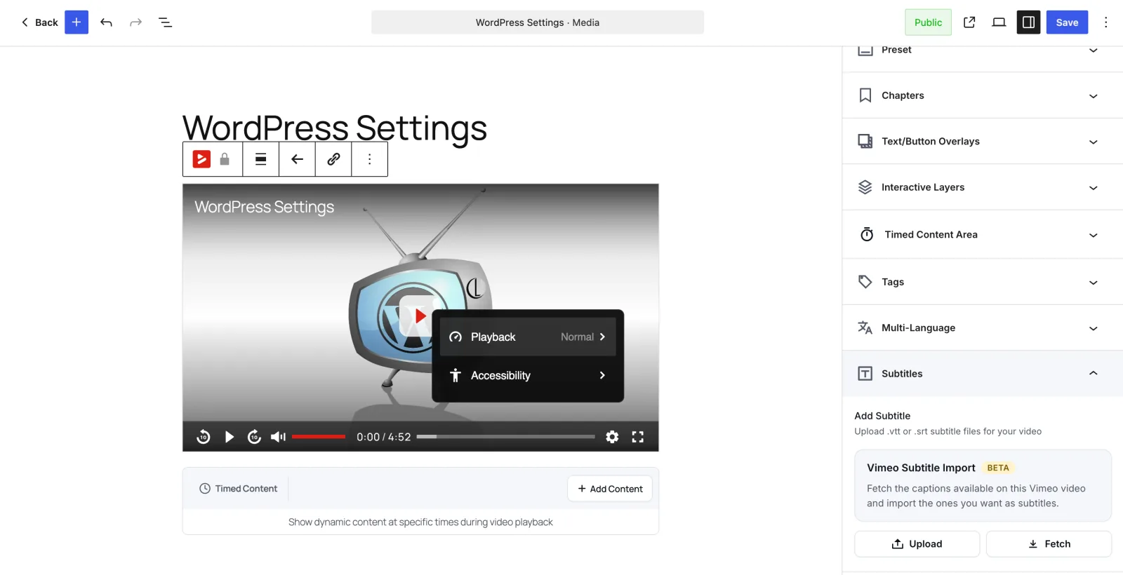 The Vimeo Subtitle Import section in the Subtitles panel